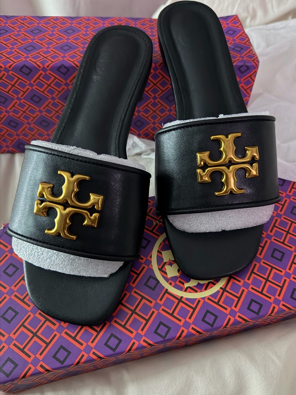 Tory Burch Black Slide Sandals with Gold Logo